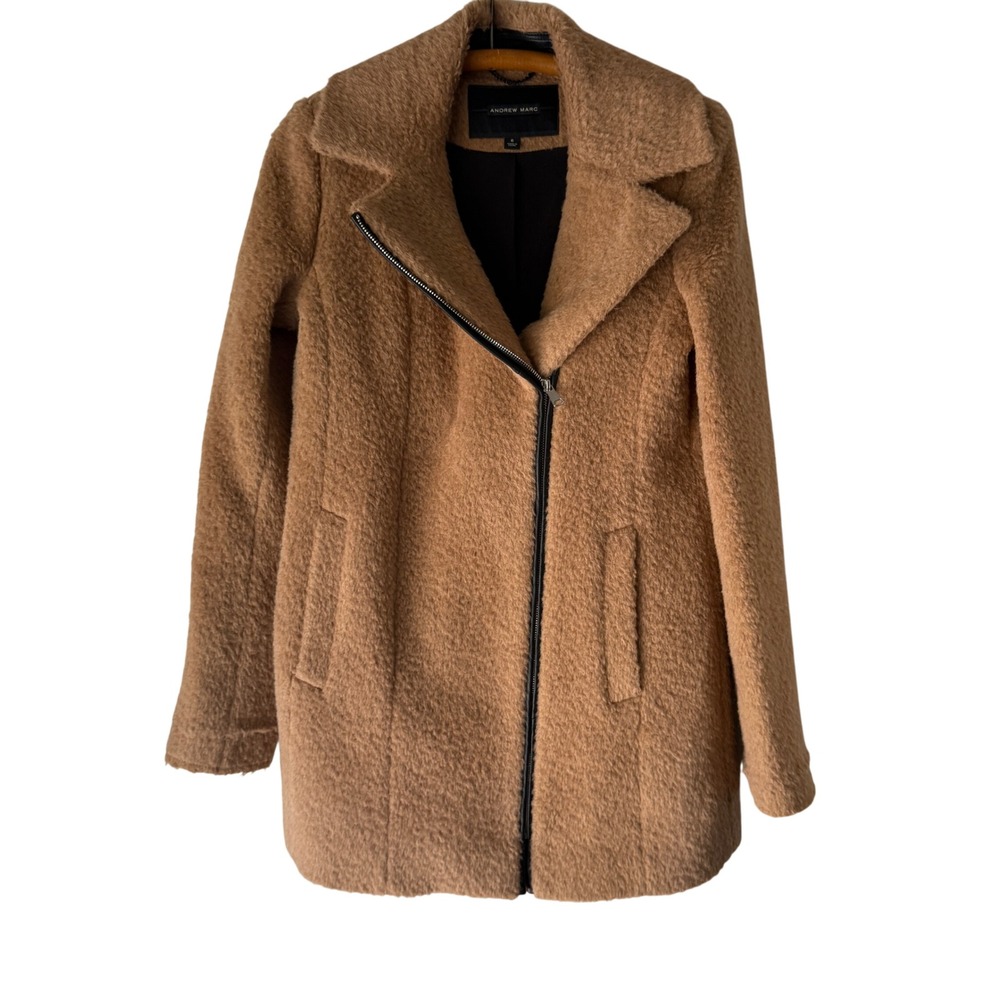 Andrew Marc Camel‎ Alpaca Blend Asymmetrical Zip Coat Women's Size 6 Teddy Bear